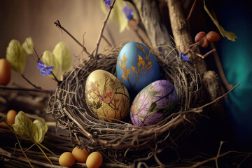 Fototapeta premium Colorful Easter eggs with flowers and leaves in the nest of straw, Generative AI