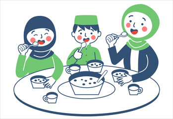 Muslim family is eating together at the dining table
