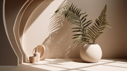 Fototapeta premium Modern geometric design oak wooden podium, beautiful wood grain, tropical palm tree in sunlight, leaf shadow on blank beige wall for luxury organic cosmetic, skincare, Created with generative AI tools