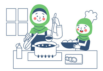 Moslem mom and daughter are cooking together in the kitchen
