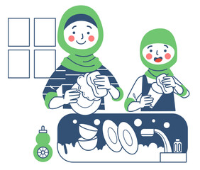 Moslem mom and daughter washing the dishes together