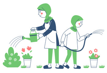 Moslem family watering flower and doing gardening together