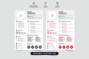 Company intern resume template vector with employee activities and skills. Modern resume template design for official employment. Minimal CV and resume template vector with red and dark colors.