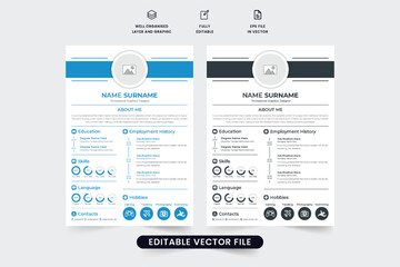 Fototapeta premium Minimalist resume and CV template vector with photo placeholders. Creative resume layout design for professional job applications. Office CV layout vector with dark and blue colors.