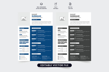 Company intern resume template design with employee experience and skill section. Modern official resume template vector with blue and dark colors. Creative CV layout design for job applications.