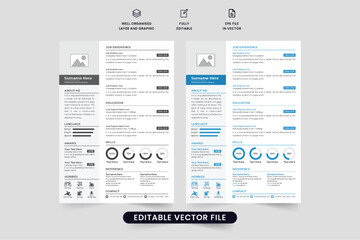 Modern job application layout design for official internship. Company employee resume and CV template vector with photo placeholders. Minimalist CV layout design with dark and blue colors.