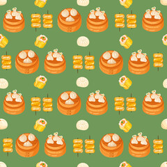 Chinese food seamless pattern. Hand drawn different types of asian food in wooden steamers repeating background. Tasty chinese food, delicious har gao, sticky rice, rolls.