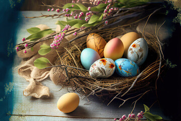 Fototapeta na wymiar Colorful Easter eggs with flowers and leaves in the nest of straw on a yellow background, Easter, Generative AI