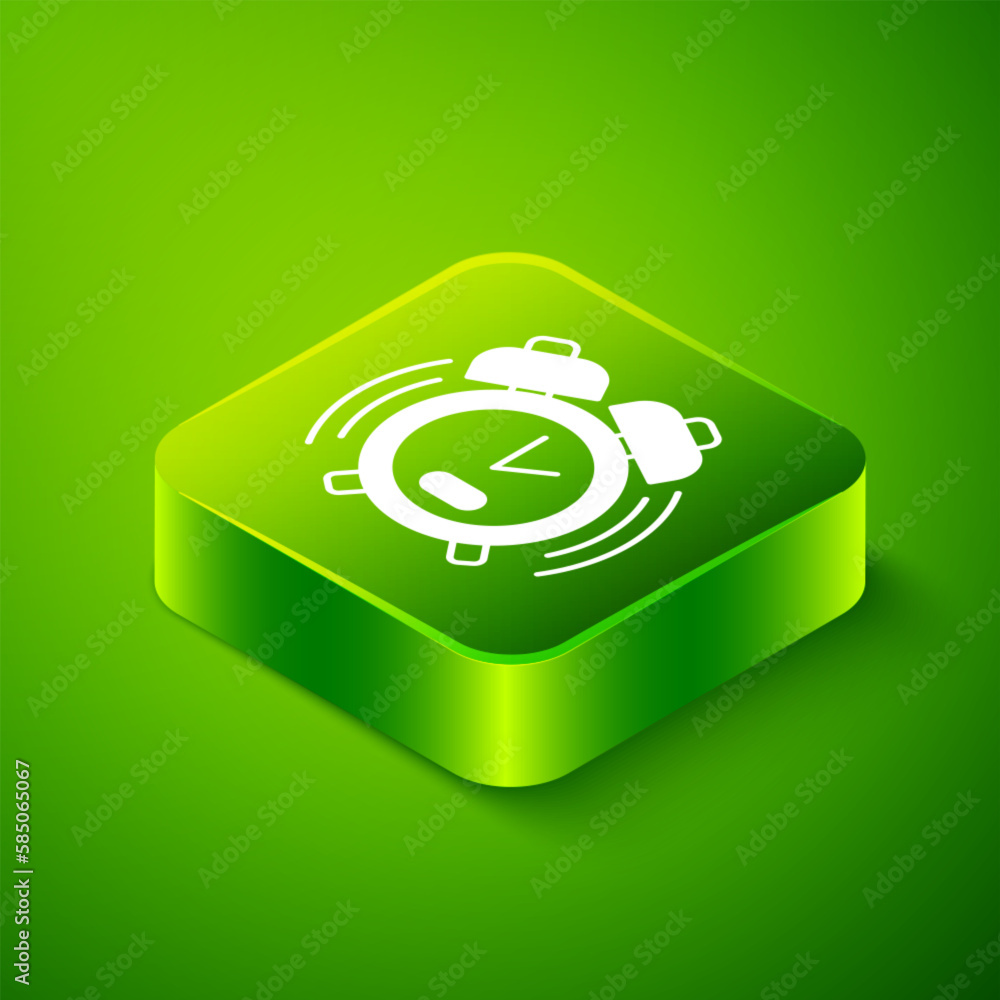Poster isometric alarm clock icon isolated on green background. wake up, get up concept. time sign. green s