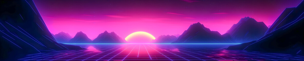 Synthwave sunset, landscape with palm trees, retrowave, vaporwave, panoramic scale, Generative AI 
