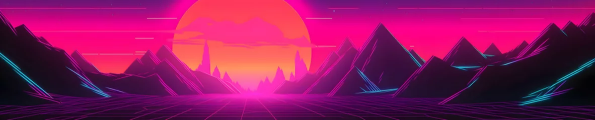 Poster Synthwave sunset, landscape with palm trees, retrowave, vaporwave, panoramic scale, Generative AI  © PixelPusher