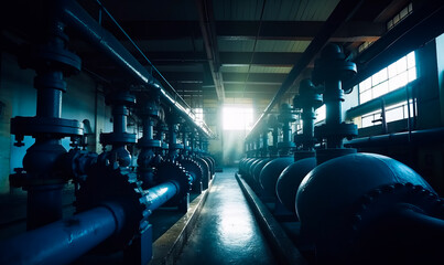 Metal engineering system pipeline. Factory underground water supply tubes. Generative AI.