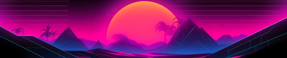 Foto auf Alu-Dibond Synthwave sunset, landscape with palm trees, retrowave, vaporwave, panoramic scale, Generative AI  © PixelPusher