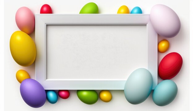 Colorful Easter Eggs with white frame copy space , Generative Ai