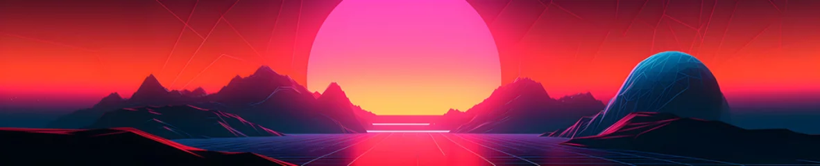 Outdoor kussens Synthwave sunset, landscape with palm trees, retrowave, vaporwave, panoramic scale, Generative AI  © PixelPusher