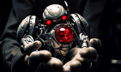 Futuristic robot in hands. Future cyborg robot technologies. Generative AI.