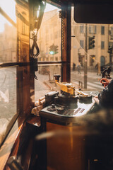 Milano, Italy - March 2023: Driving the old historic tram