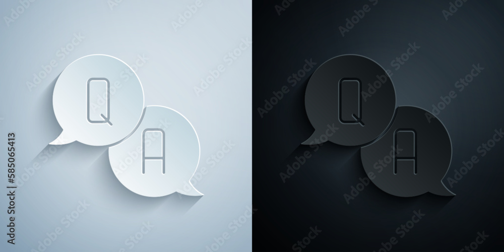 Poster paper cut speech bubbles with question and answer icon isolated on grey and black background. q and 