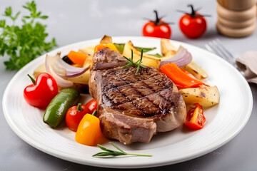 Grilled beef steak with grilled vegetables on a plate. Generative AI