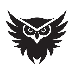 Owl minimal black and white vector icon. Isolated artistic logo. Tattoo ideas of wise animal. Creative modern concept of bird. Simple shapes for company logo. Brand design. Graphic art of snow owl.