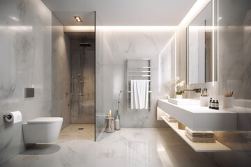 Naklejka na ściany i meble Bath Room Luxury Interior Design, bathtub, sink, artificial light, with beautiful decoration, the concept for home and hotel, generative AI tools.
