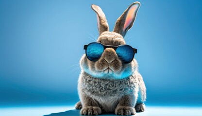 Happy cool rabbit funny with sunglasses on blue bakcground, Generate Ai
