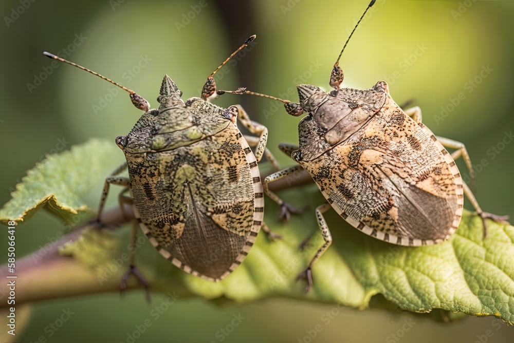 Poster two stink bugs in close-up on a tree limb, with the backdrop blurred. generative ai