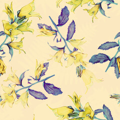 Bell flowers with fern silhouette seamless pattern.