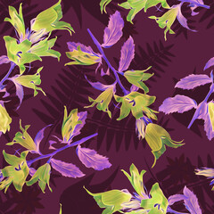 Bell flowers with fern silhouette seamless pattern.