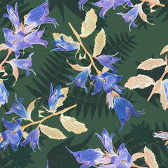 Bell flowers with fern silhouette seamless pattern.