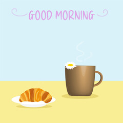 Delicius croissant lies on a plate and cup of tee tea or coffee (3d). Vector illustration