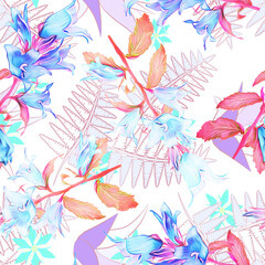 Bell flowers with fern silhouette seamless pattern.