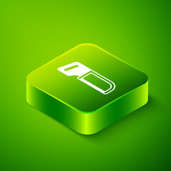 Isometric Hacksaw icon isolated on green background. Metal saw for wood and metal. Green square button. Vector