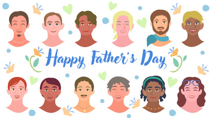 父の日のベクターイラストセット。父親たちの顔のアイコン。フラットなベクターイラスト。 Vector illustration set for Father’s Day. Icon of mothers' faces. Flat designed vector illustration.
