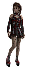 3d illustration of a Goth girl dressed in red and black with a head of untidy girls