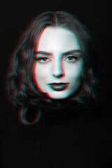 Beautiful woman with make-up close-up studio portrait in RGB color split effect style. Model looking at camera with seductive eyes. Wearing black sweater. Futuristic looking style