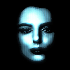 Abstract woman portrait illustration in halftone television screen pixels pattern. Glitched and corrupted female face in halftone and old CRT TVs and VHS pixel style. Toned image with blue color