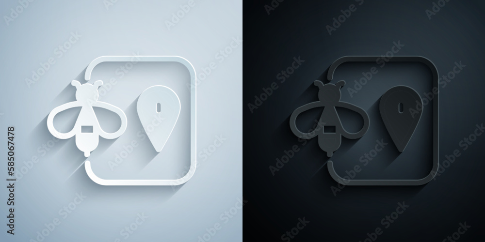 Poster paper cut bee location map pin pointer icon isolated on grey and black background. farm animal map p
