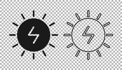 Black Solar energy panel icon isolated on transparent background. Sun with lightning symbol. Vector