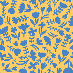 Naklejka premium floral seamless pattern with blue abstract flowers and yellow background for wallpaper, textile prints, scrapbooking, stationary, wrapping paper, etc. EPS 10