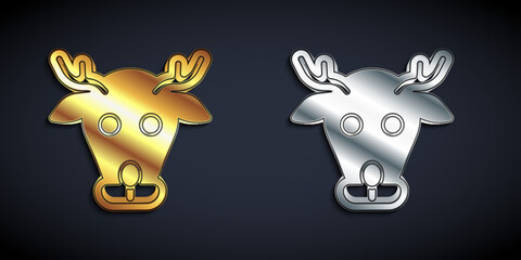 Gold and silver Reindeer icon isolated on black background. Merry Christmas and Happy New Year. Long shadow style. Vector