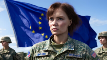 Portrait of female solider in uniform. Blurry background. Generative AI.