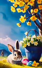 Fototapeta premium Schöne Ostern Bilder, frohe Ostern Bilder, frohe Ostern Bilder lustig, Bunte Ostern Bilder, Blaue Osterhasse, Tulpen, Osterglocken, Narzissen, Osterglöckchen, Osterblumen.