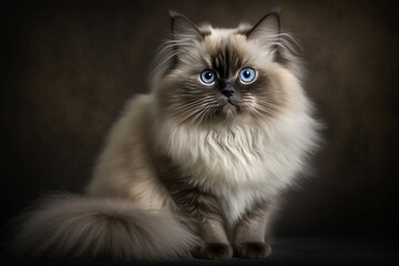 Fototapeta premium Elegant Birman Breed Cat on Dark Background: Graceful, Affectionate, and Hypnotic