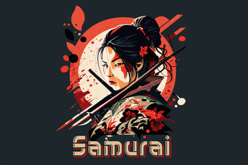 Girl samurai vector illustration for t-shirt design
