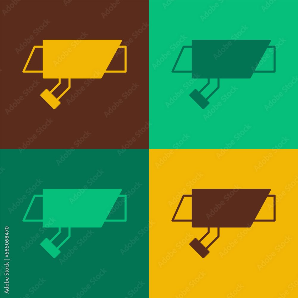 Poster pop art security camera icon isolated on color background. vector