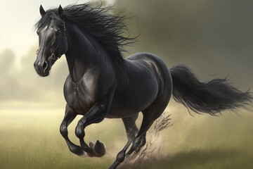 Obraz na płótnie Canvas a black horse from the front running in a field, generative ai