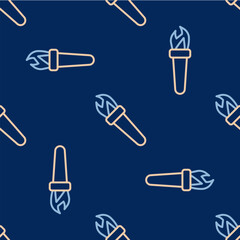 Line Torch flame icon isolated seamless pattern on blue background. Symbol fire hot, flame power, flaming and heat. Vector