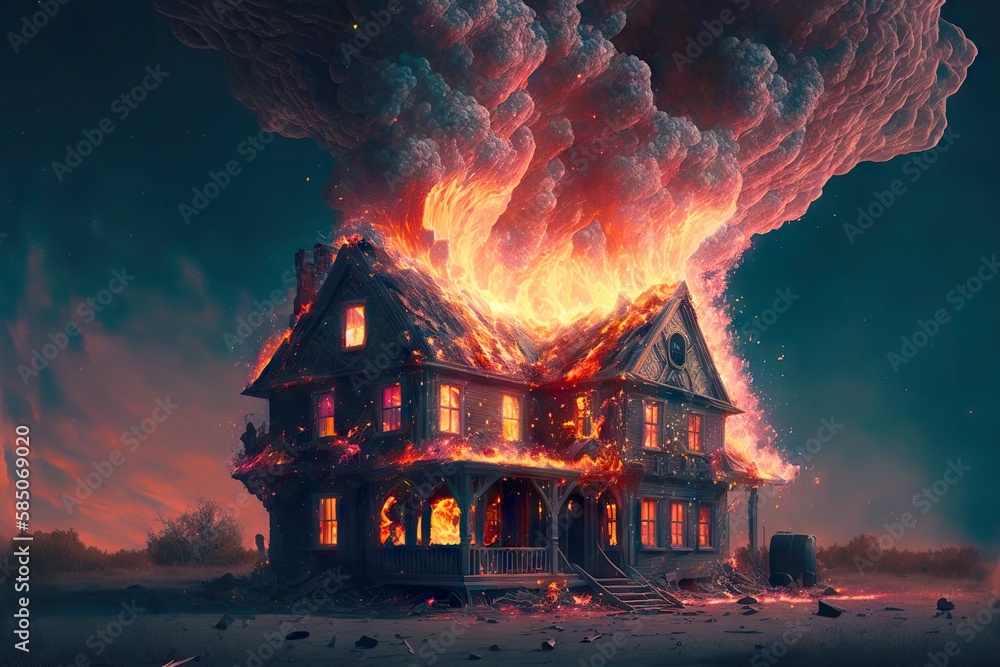 Poster Huge clouds of smoke and flames to sky in burning house, created with generative ai