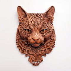 Mahogany wooden cat head trophy, isolated on white, wall hanging, generative ai